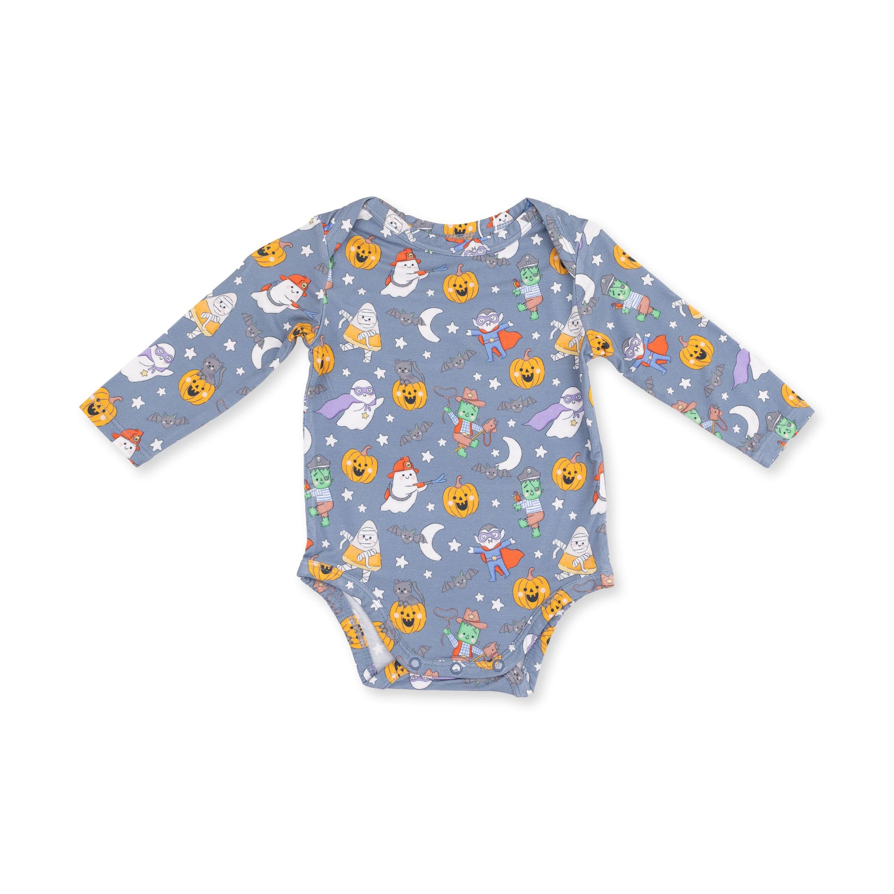 Blue long sleeve baby bodysuit with Halloween monster dress-up print and bottom snap closures