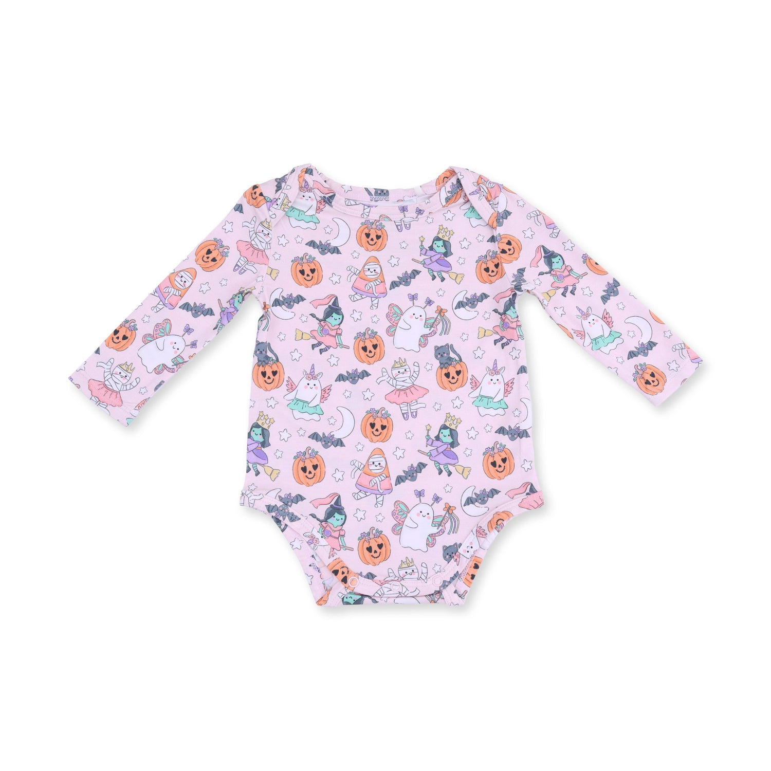 Long-sleeve baby bodysuit in pink with a playful Halloween monster print and snap closures.