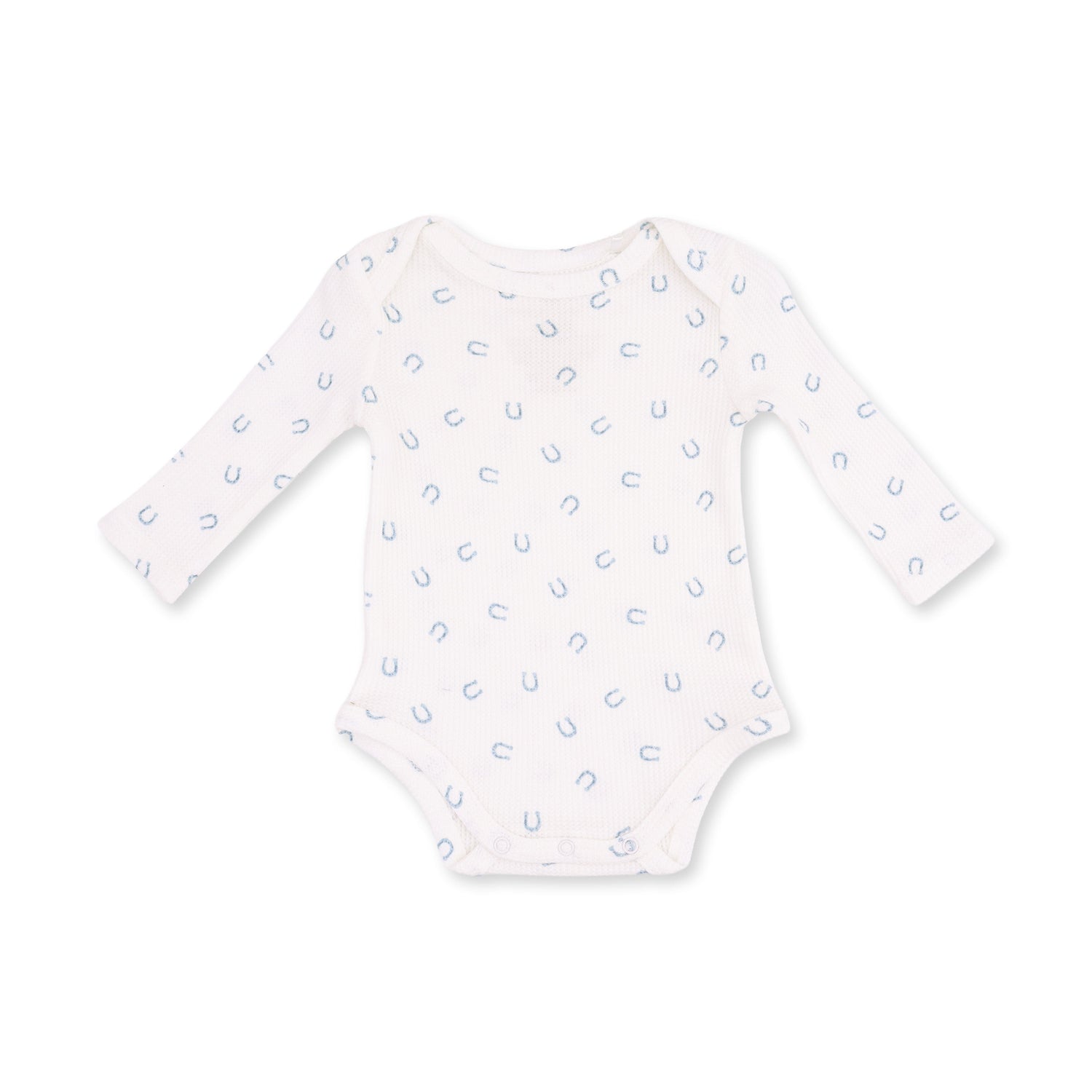 Long sleeve baby bodysuit in blue with a little horseshoes print and snap closures at the bottom