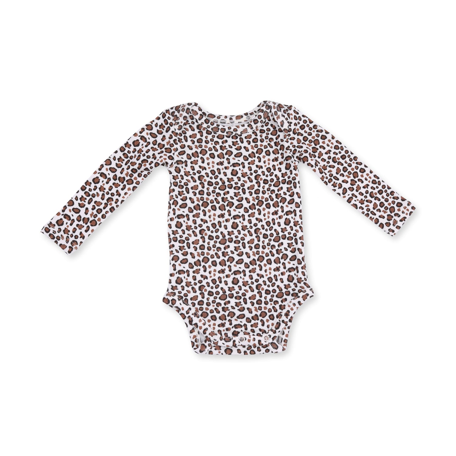Long sleeve baby bodysuit in a leopard print with a lap shoulder neckline and snap bottom closures.