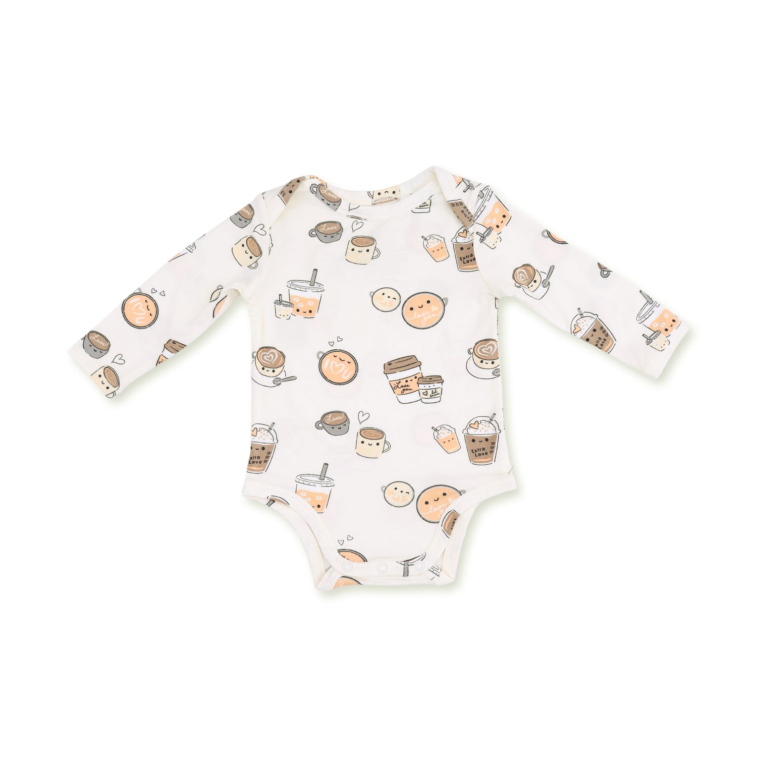 Long sleeve baby bodysuit with a Love You A Latte coffee cup and heart print and snap closures