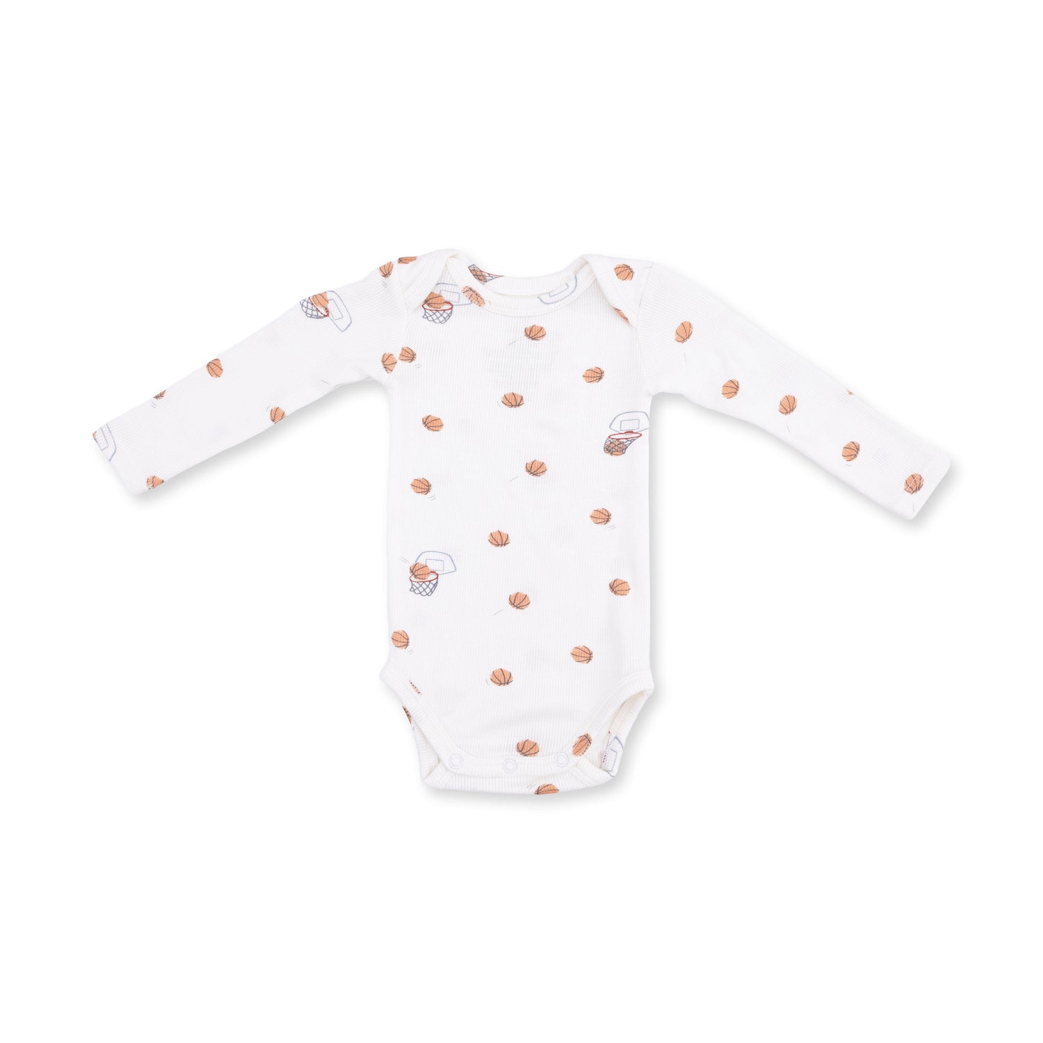 Long sleeve baby bodysuit with a mini basketballs print and snap closures at the bottom