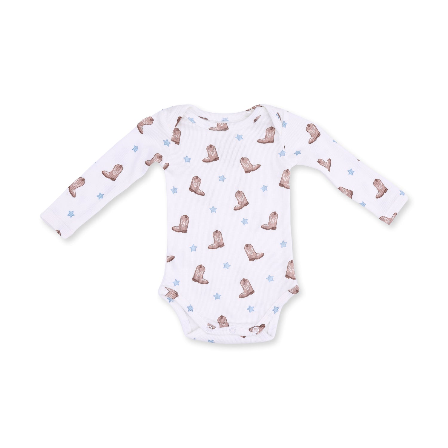 Long sleeve baby bodysuit in a mini cowboy boots print with snap closures at the bottom
