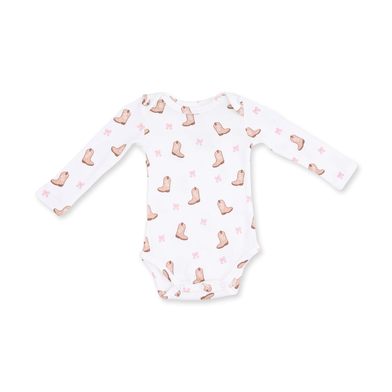 Long sleeve baby bodysuit in a mini cowgirl boots print with snap closures at the bottom.