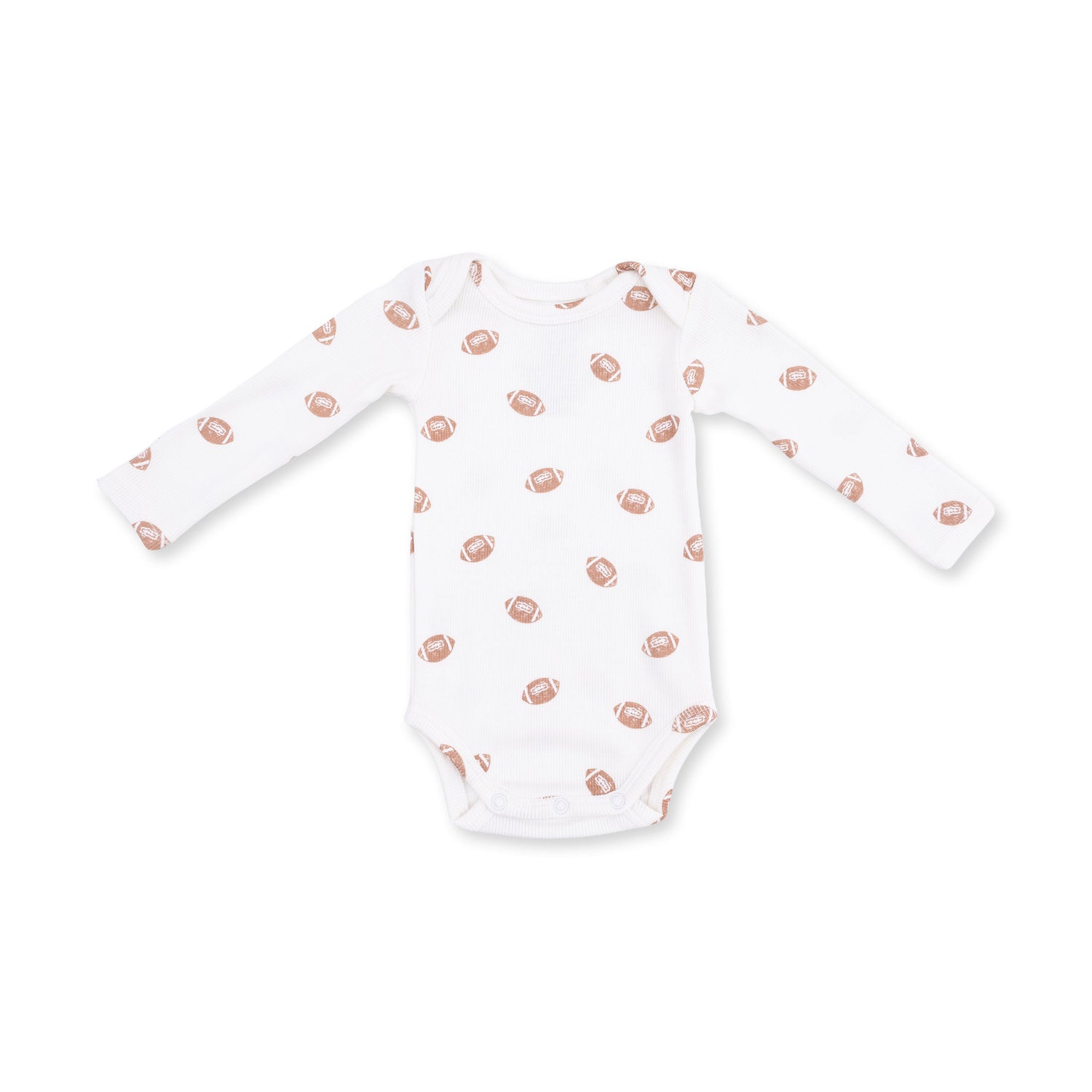 Long sleeve baby bodysuit in ribbed modal with an allover mini footballs print and bottom snap closures.
