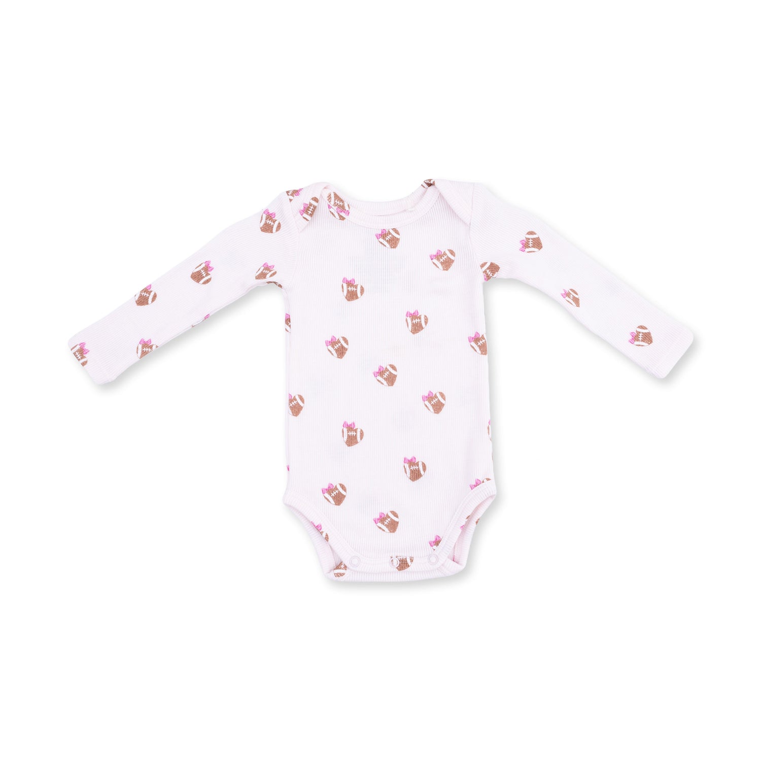 Long sleeve baby bodysuit with a mini football hearts print and snap closures at the bottom.