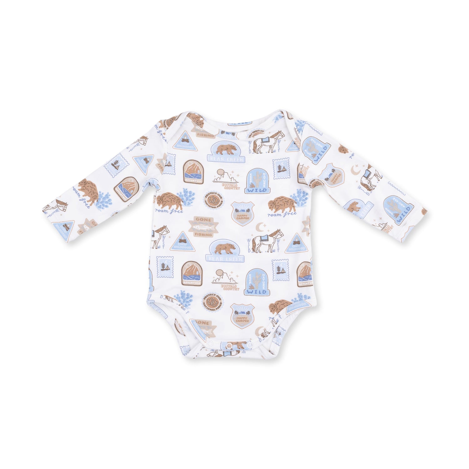 Long sleeve baby bodysuit in a National Parks Adventure print with snap closures at the bottom.