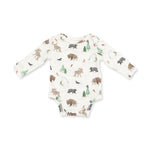 Long sleeve baby bodysuit with northern woodland animals print and snap closures at the bottom