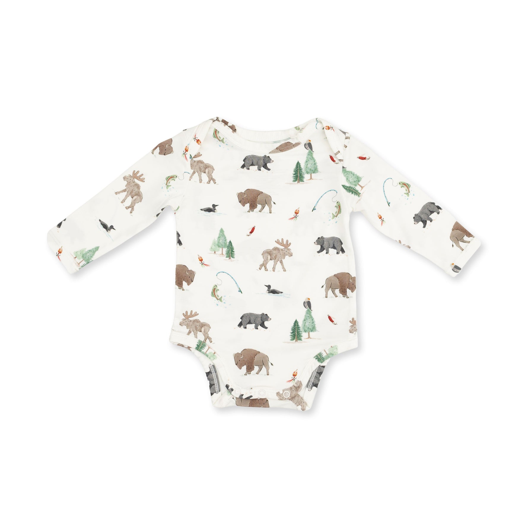Long sleeve baby bodysuit with northern woodland animals print and snap closures at the bottom