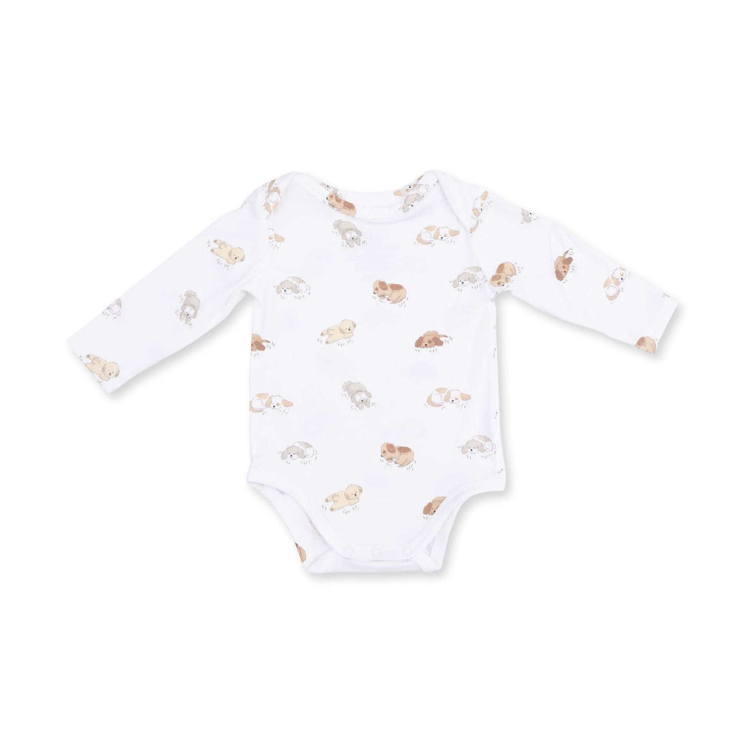 Long sleeve baby bodysuit in a puppy print with snap closures at the bottom