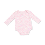 Long sleeve baby bodysuit with woodland animal print and snap closures at the bottom