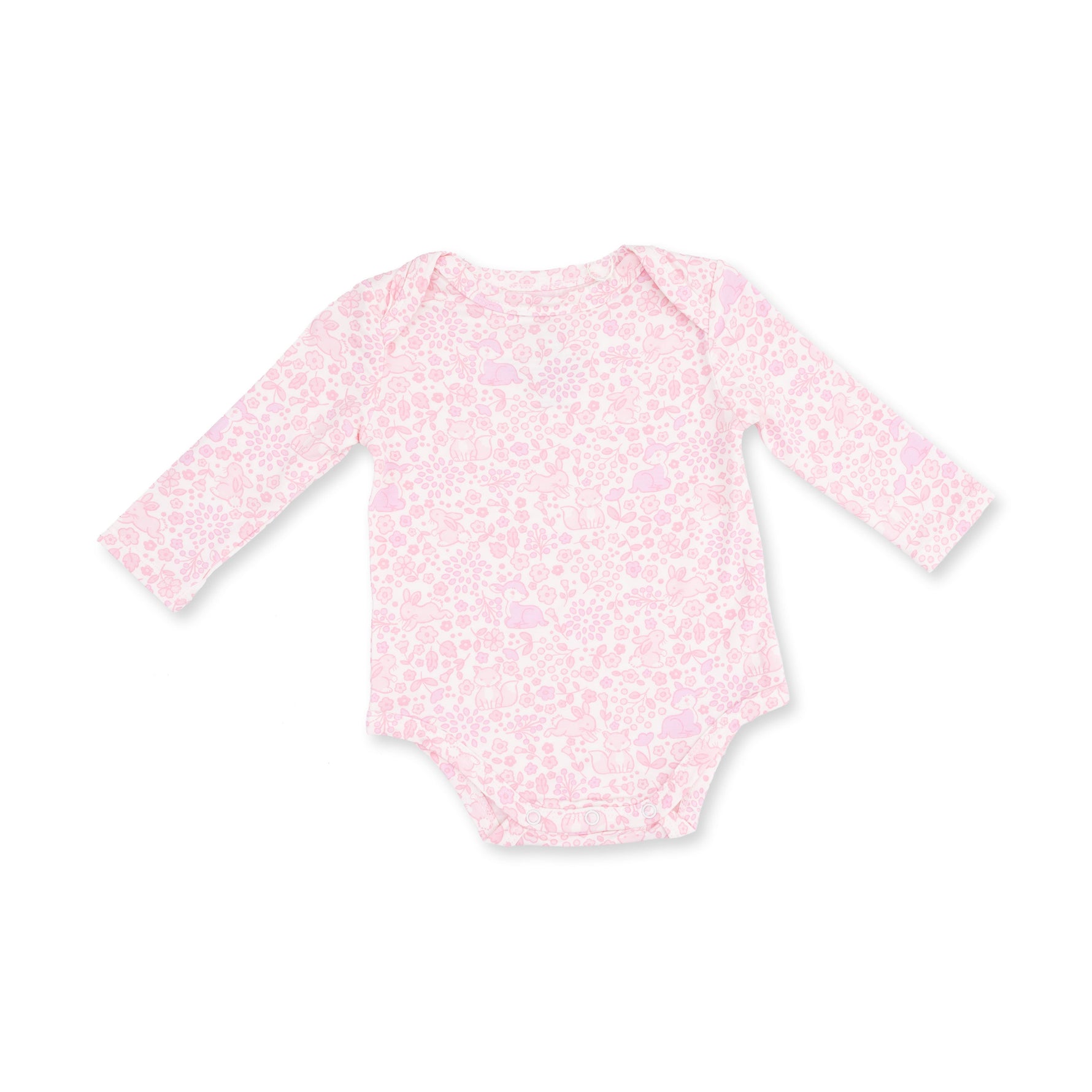 Long sleeve baby bodysuit with woodland animal print and snap closures at the bottom
