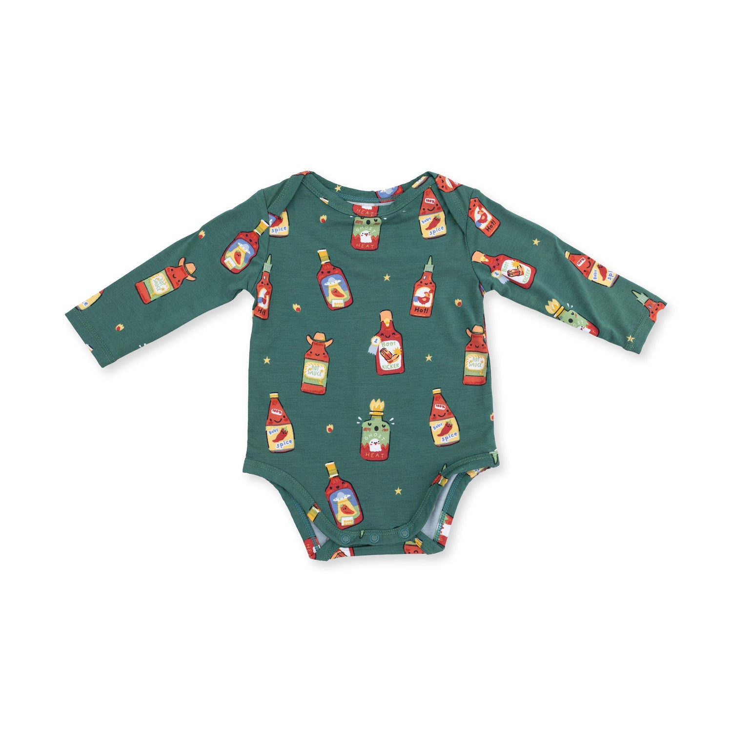 Long sleeve baby bodysuit in a warm spice-themed print with snap closures at the bottom