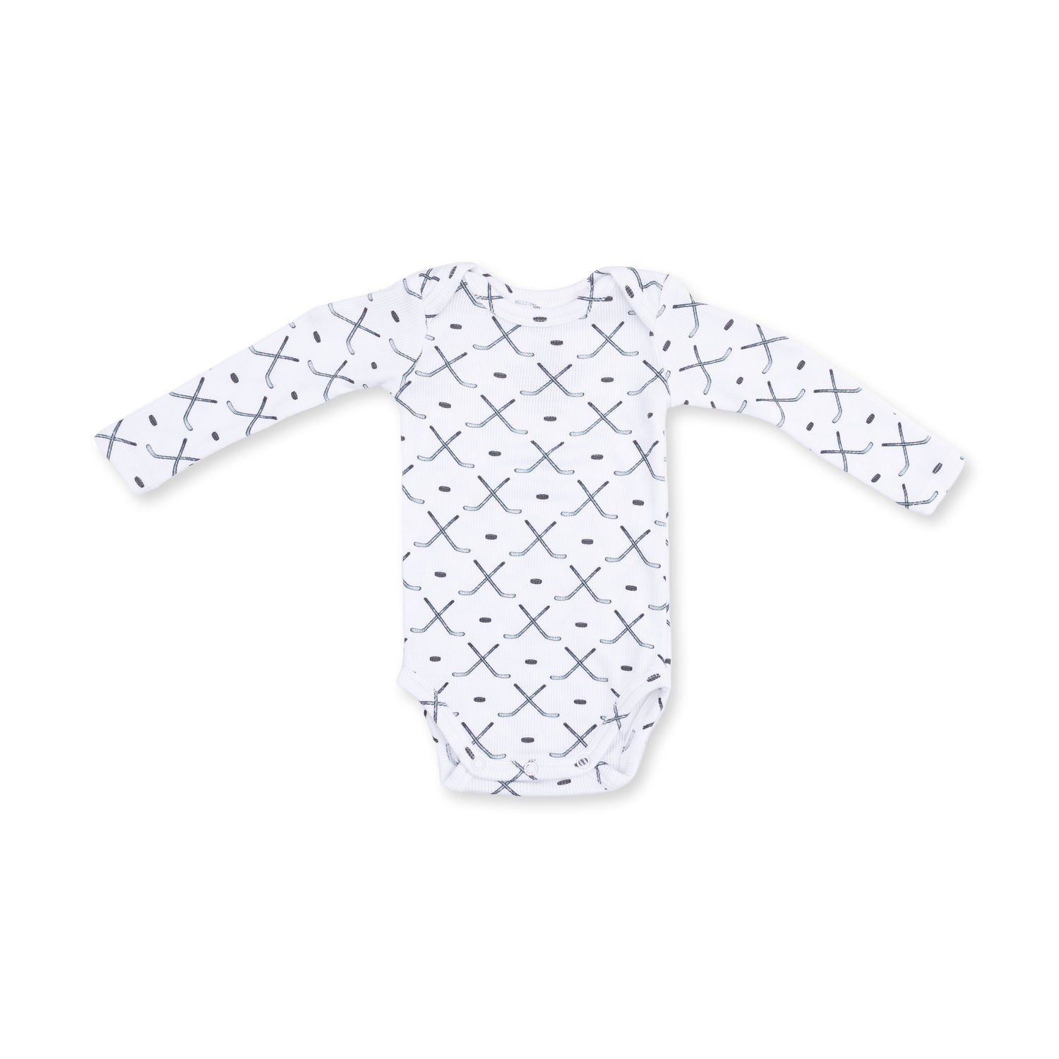 Long sleeve baby bodysuit in ribbed modal with a simple hockey print and snap closures at the bottom
