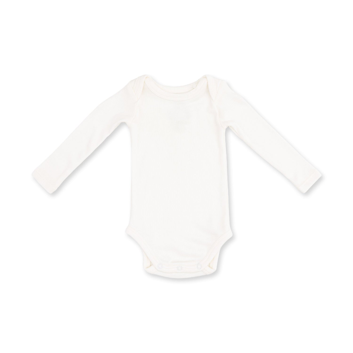 Long sleeve baby bodysuit in solid snow white with a lap-shoulder neckline and snap closures.