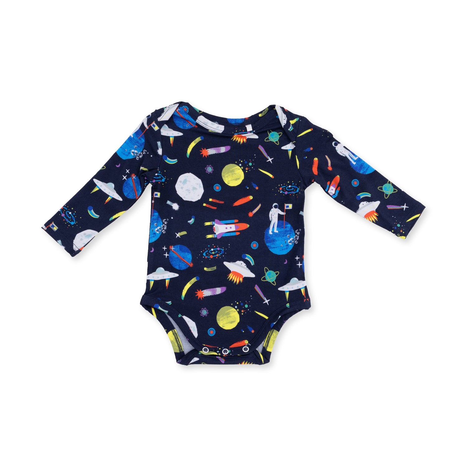 Long sleeve baby bodysuit with an astronaut and rockets print and snap closures at the bottom