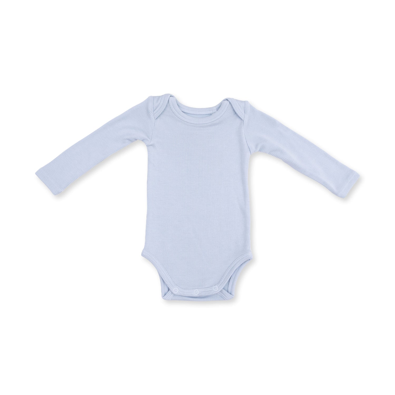 Long sleeve baby bodysuit in a soft ribbed sheer blue with snap closures at the bottom.