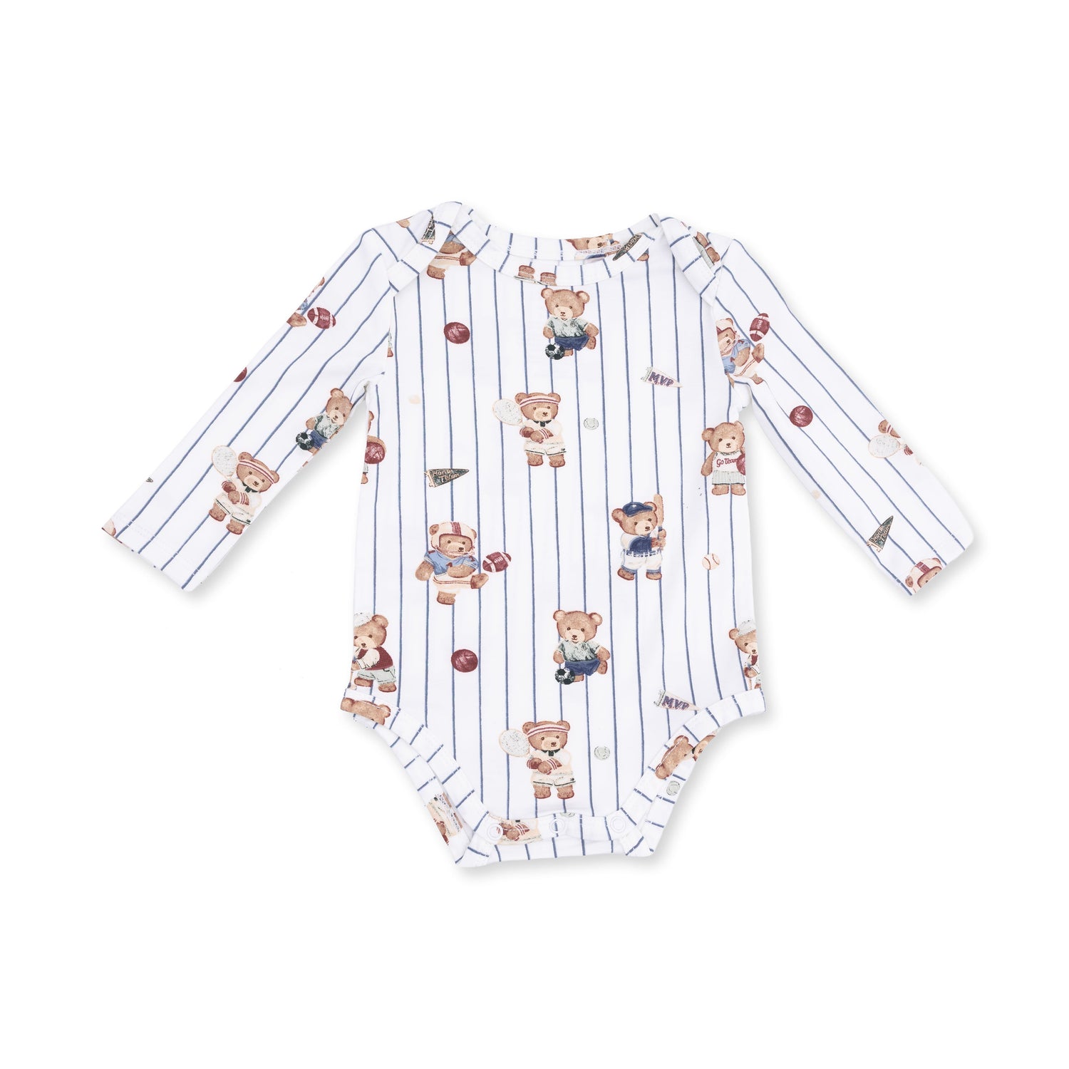 Long sleeve baby bodysuit printed with cartoon bears playing various sports, snap closures at the bottom.