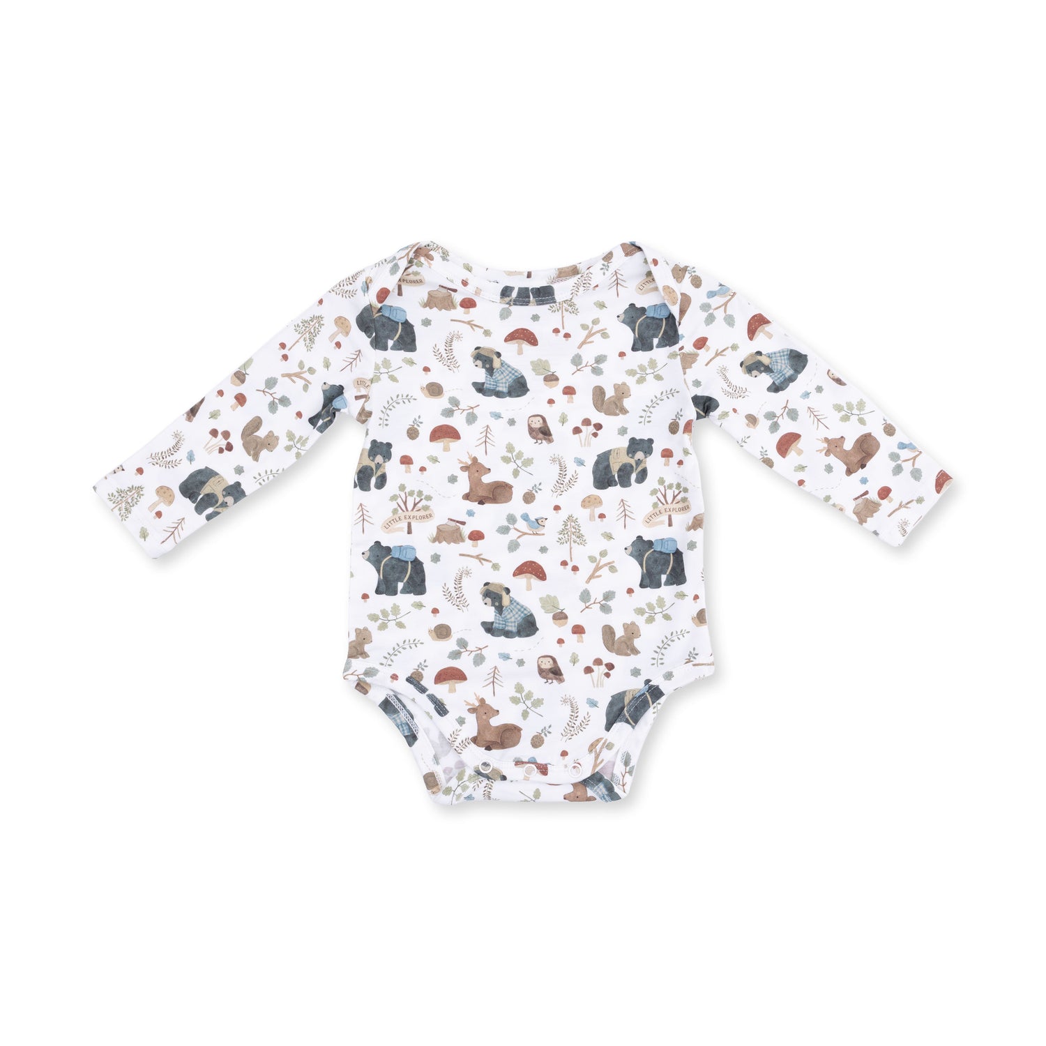 Long sleeve baby bodysuit in green with a Southern woodland animals print and bottom snap closures