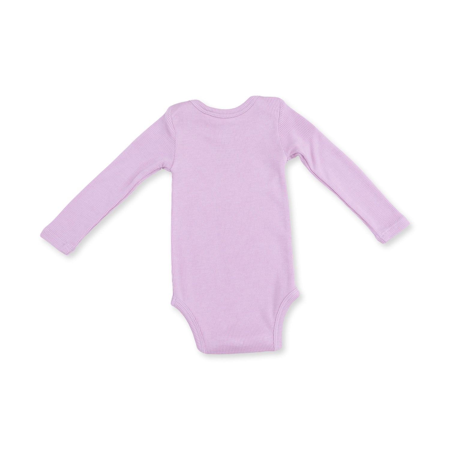 Long sleeve baby bodysuit in solid Winsome Orchid purple with ribbed fabric and snap closures at the legs.