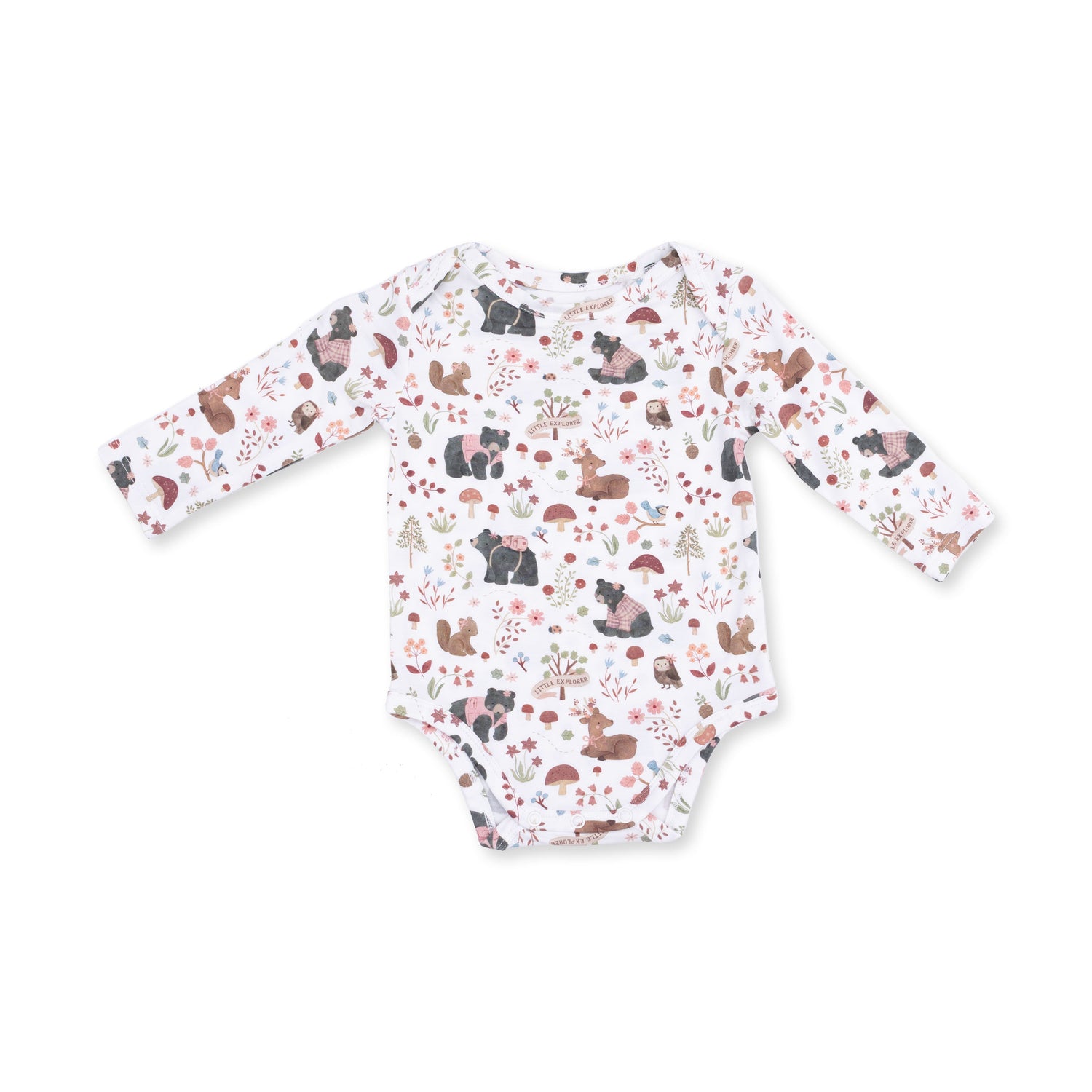 Long sleeve baby bodysuit in pink with a Southern woodland animals print and snap closures at the bottom.