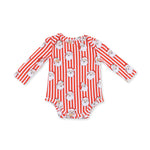 Long sleeve baby bodysuit in a vintage Santa stripe print with snap closures at the bottom