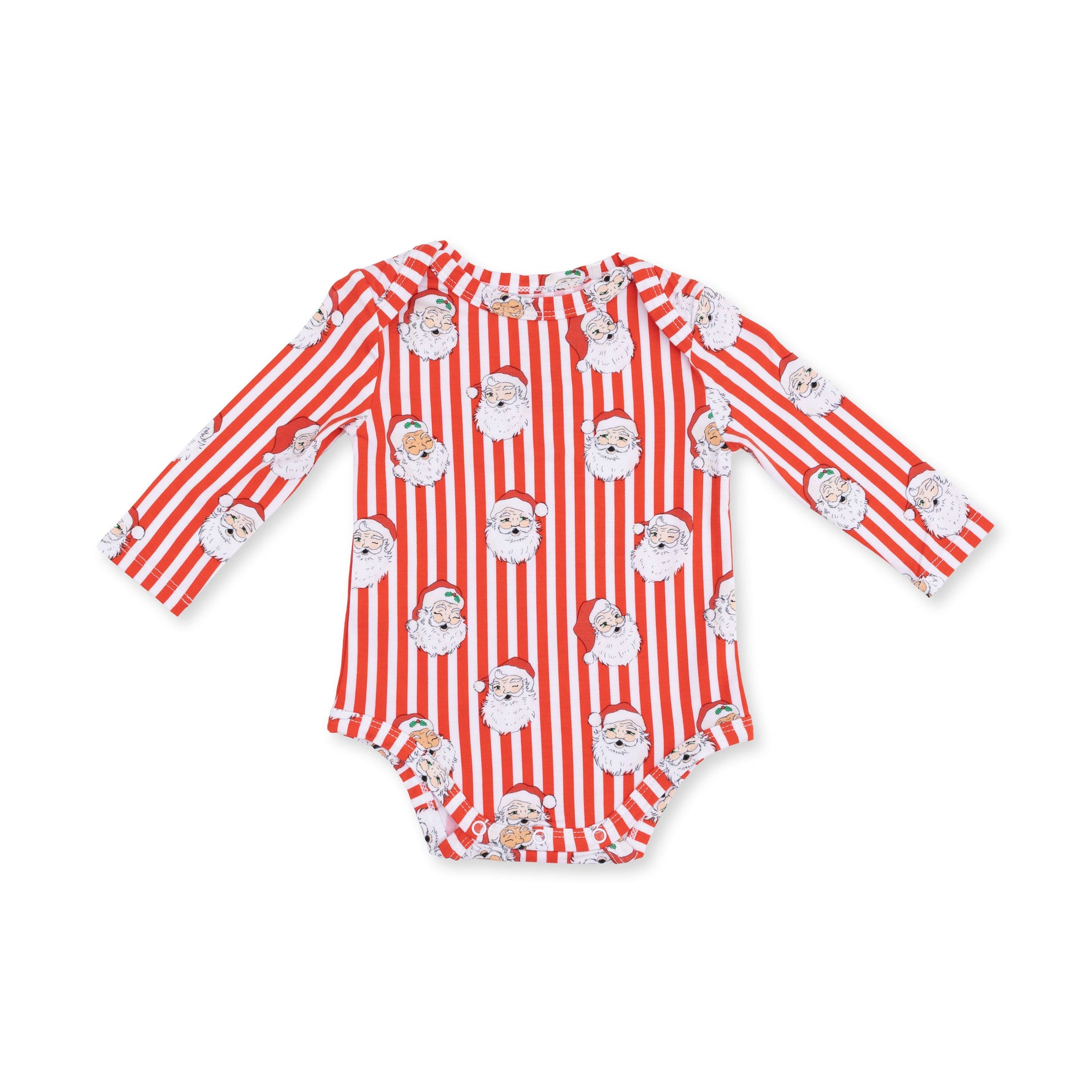 Long sleeve baby bodysuit in a vintage Santa stripe print with snap closures at the bottom