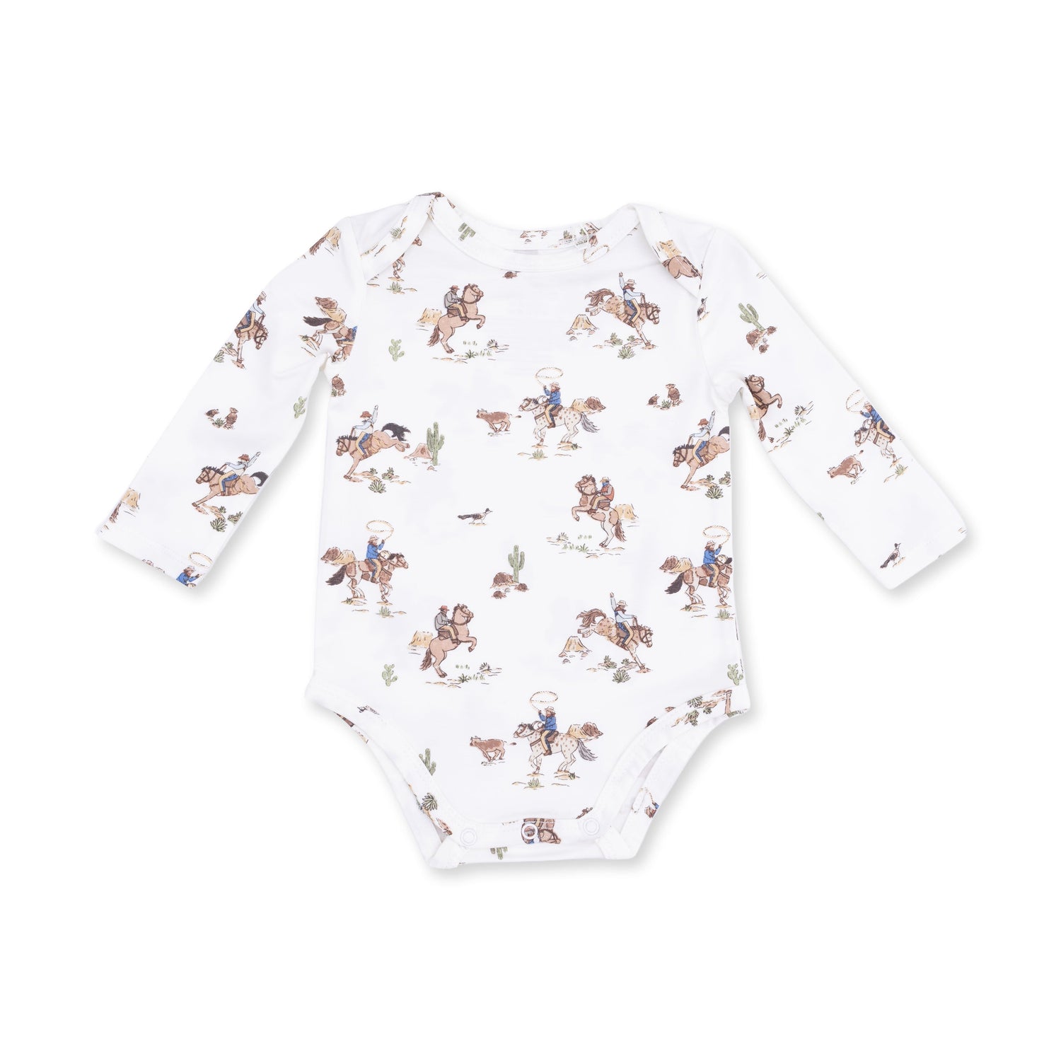 Long sleeve baby bodysuit in a horse wrangler print with snap closures at the bottom