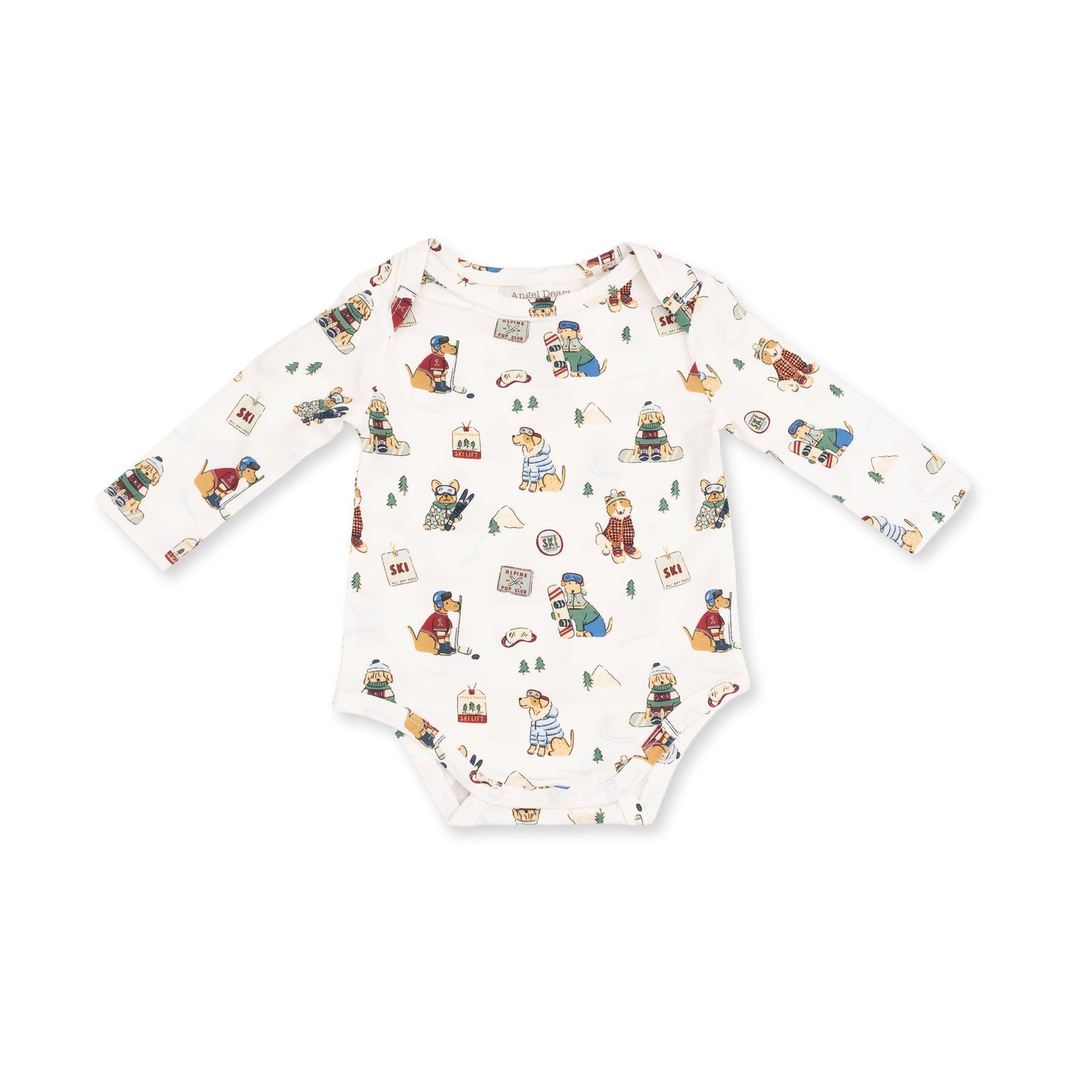 Long-sleeve baby bodysuit in green with a winter sports dogs print and snap closures at the bottom.