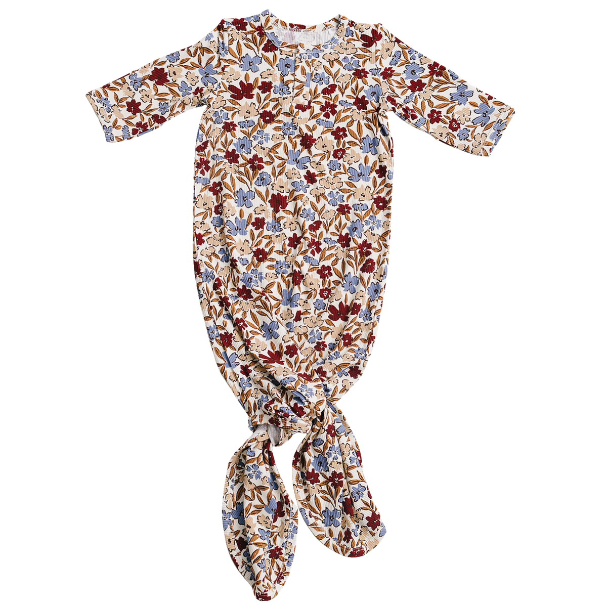 Ribbed bamboo baby knot gown in desert floral print with fold-over hands and knotted bottom