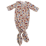 Ribbed bamboo baby knot gown in desert floral print with fold-over hands and knotted bottom