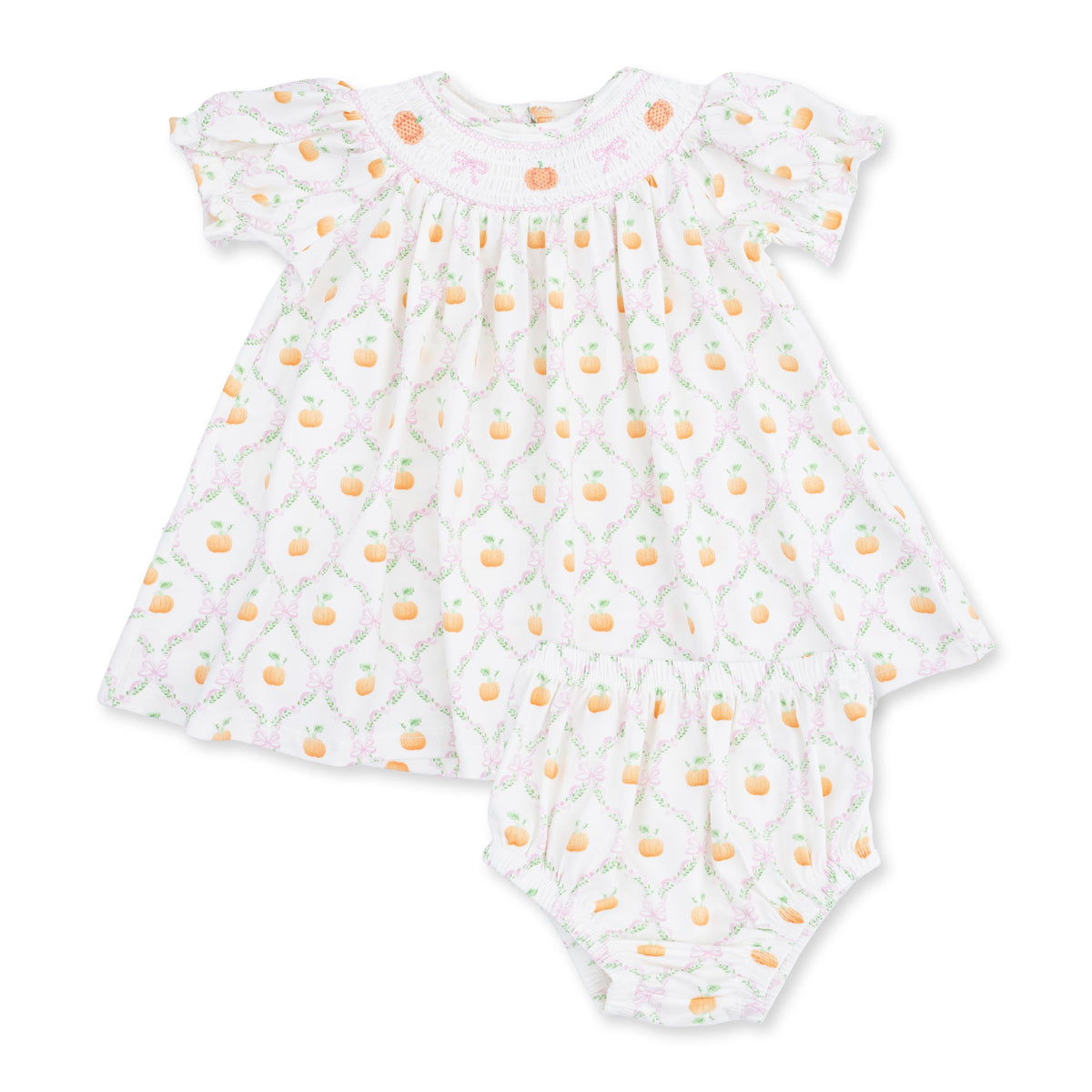 Pretty Pumpkin Trellis - Jane Puff Sleeve Bishop Dress and Bloomer by Angel Dear