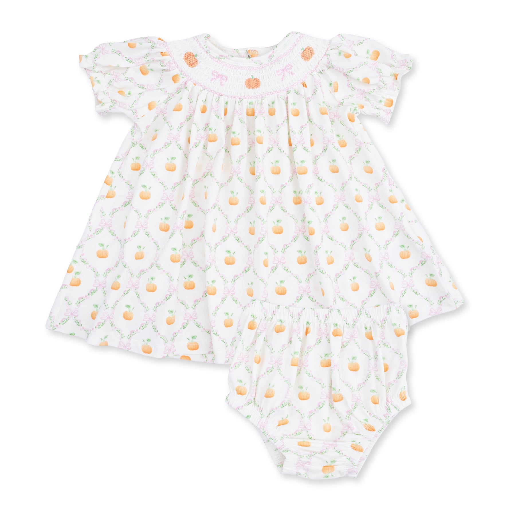 Pretty Pumpkin Trellis - Jane Puff Sleeve Bishop Dress and Bloomer by Angel Dear