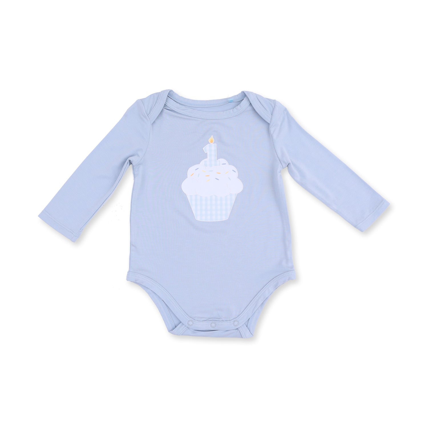 Blue long sleeve baby bodysuit with a birthday cupcake and number 1 candle puff print and snap bottom.
