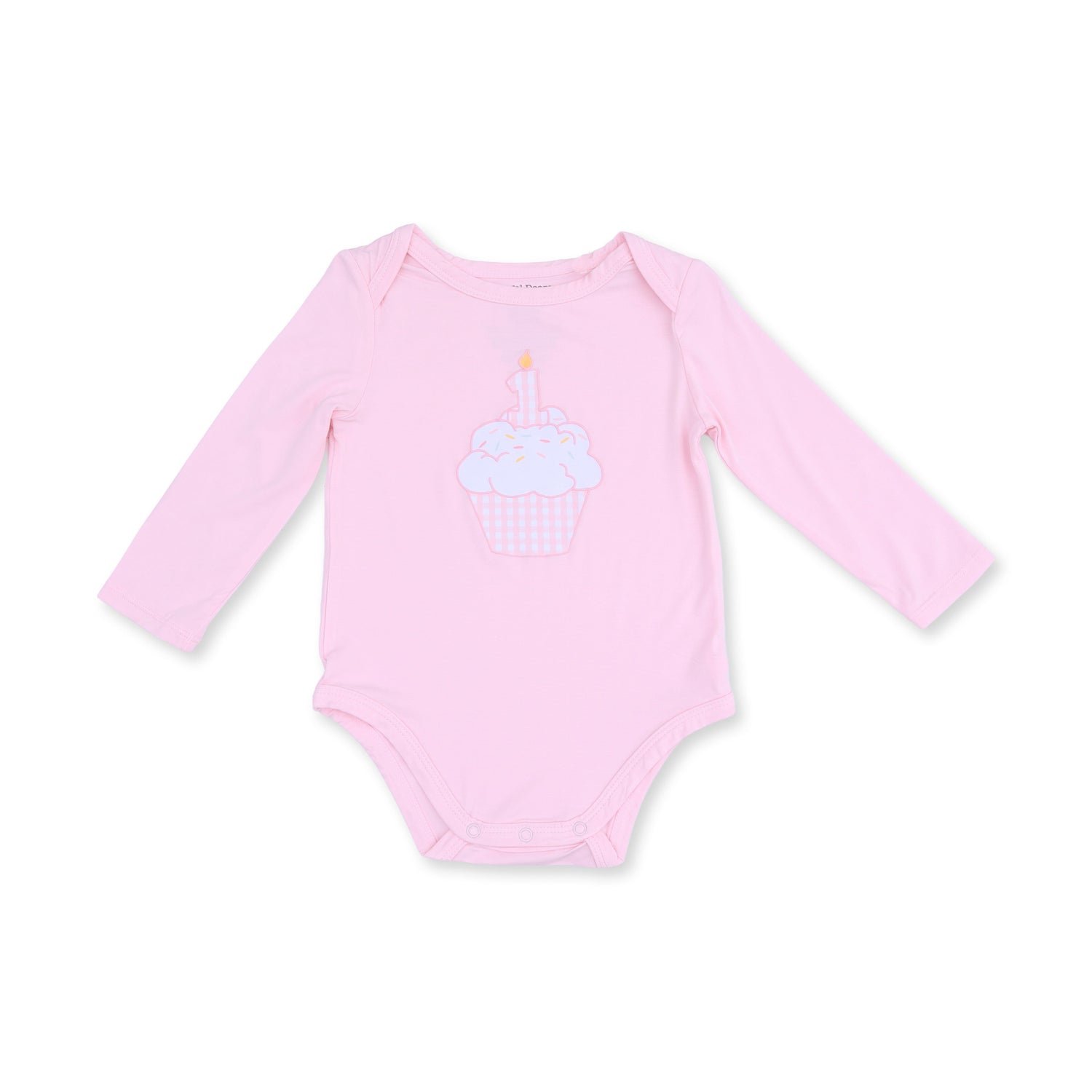 Pink long sleeve baby bodysuit with a birthday cupcake screen-print and sparkly number 1 candle