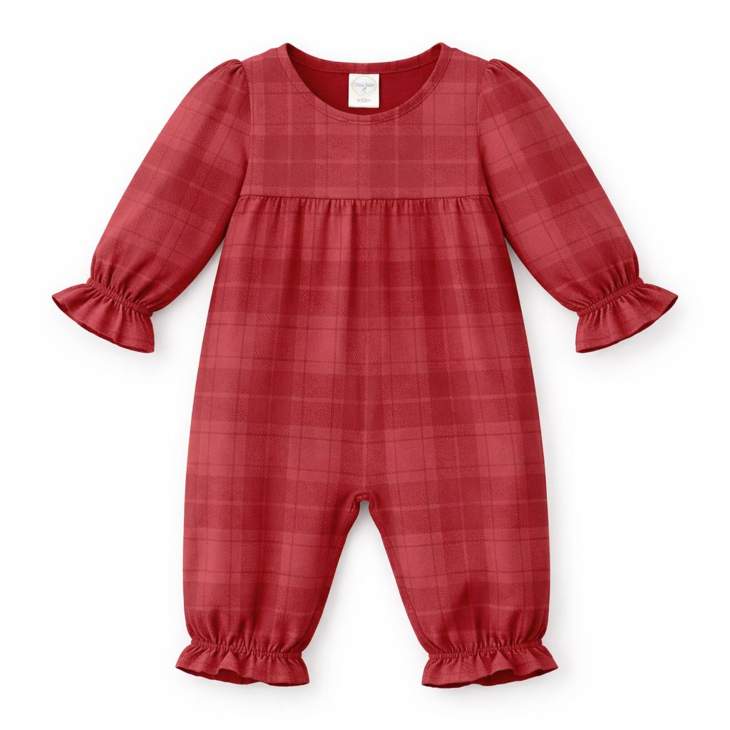 Red Plaid Baby Girl Romper With Ruffles & Puff Sleeves by Tesa Babe