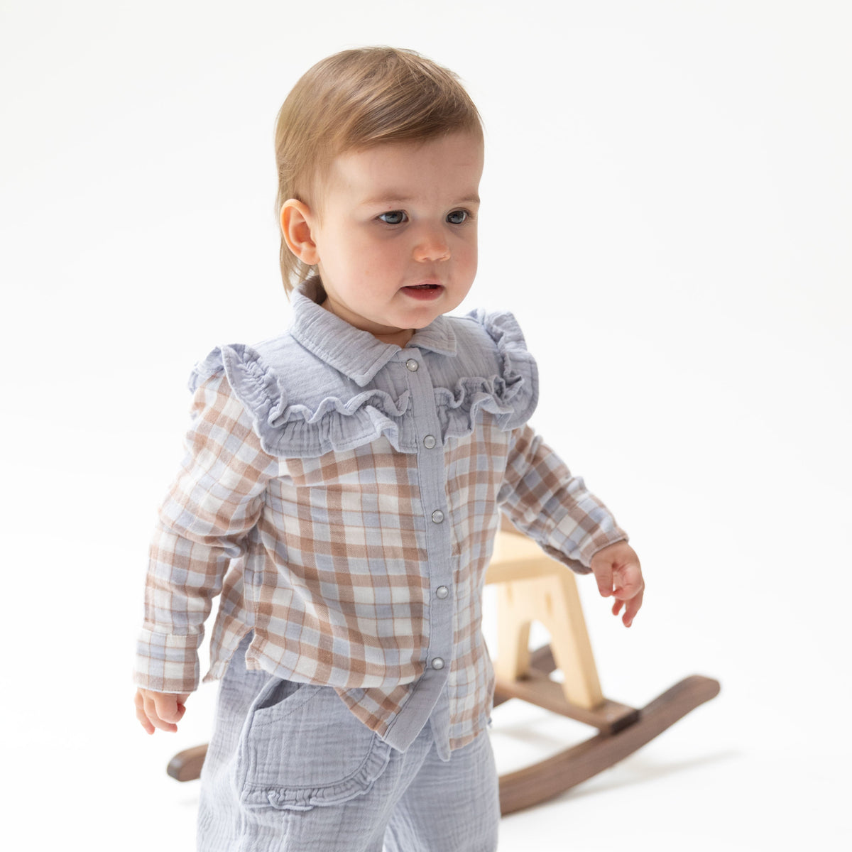 Baby and toddler top in western plaid organic muslin with ruffled yoke and embroidered roses