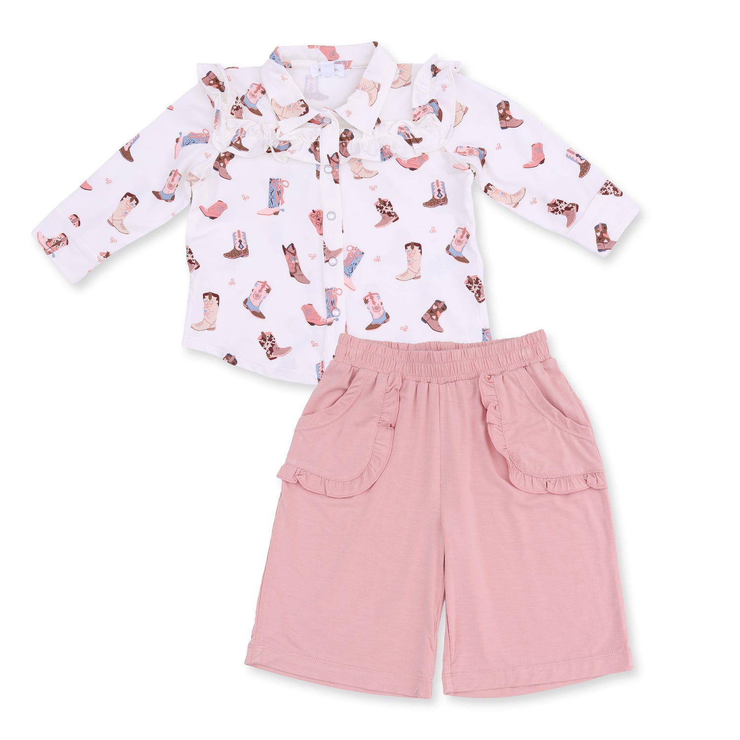 Two-piece set with ruffle-yoke top featuring embroidered roses and matching wide leg pants with ruffle-trim pockets
