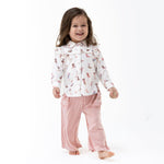 Baby two-piece set with ruffle and embroidered rose top and flowy wide-leg pants