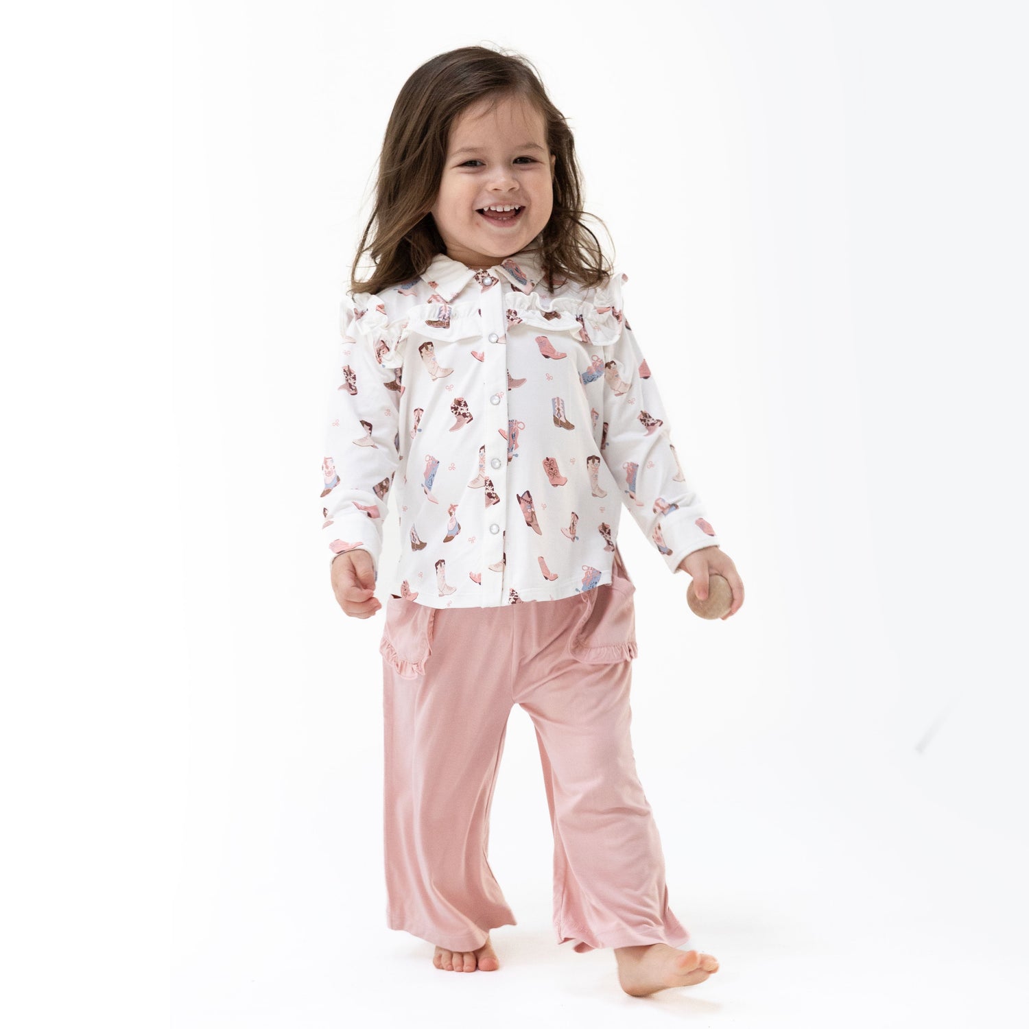 Baby two-piece set with ruffle and embroidered rose top and flowy wide-leg pants