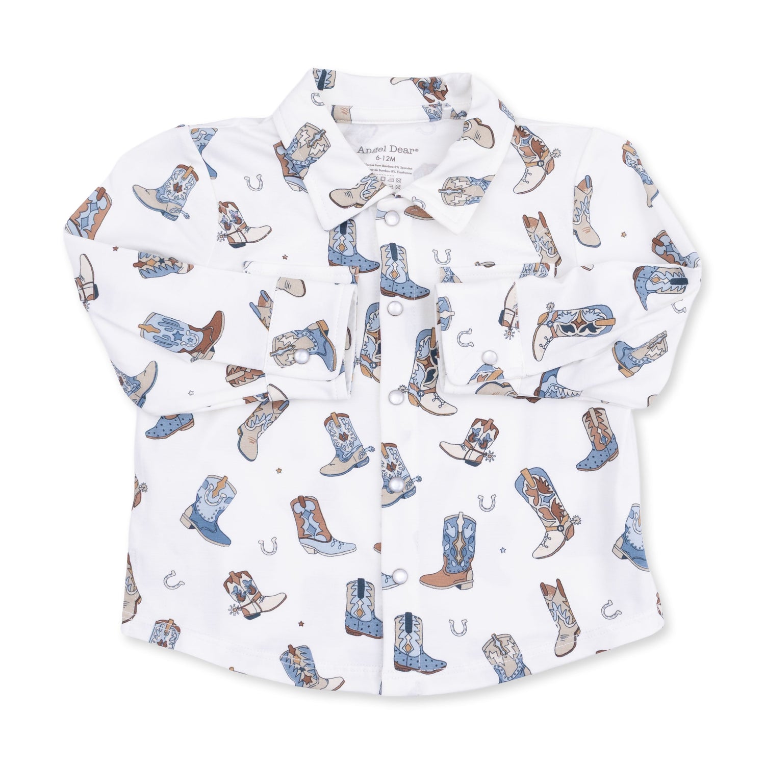 Baby Western shirt in Buckaroo Boots print with front snap pockets, snap cuffs, and a pointed-shoulder yoke.