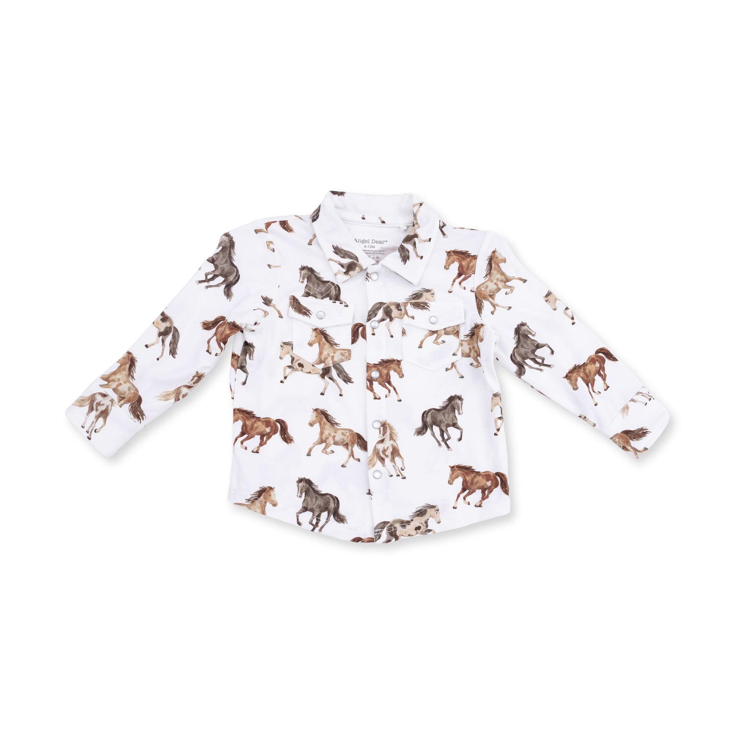 Baby Western shirt in a wild horses print with pointed yoke, snap cuffs, and two front flap pockets