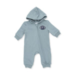 Hooded French terry jumpsuit with full zip, rib cuffs, and an embroidered MVP football applique on the front.