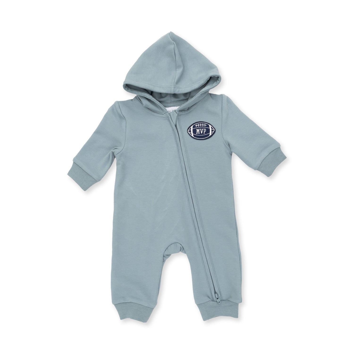 Hooded French terry jumpsuit with full zip, rib cuffs, and an embroidered MVP football applique on the front.