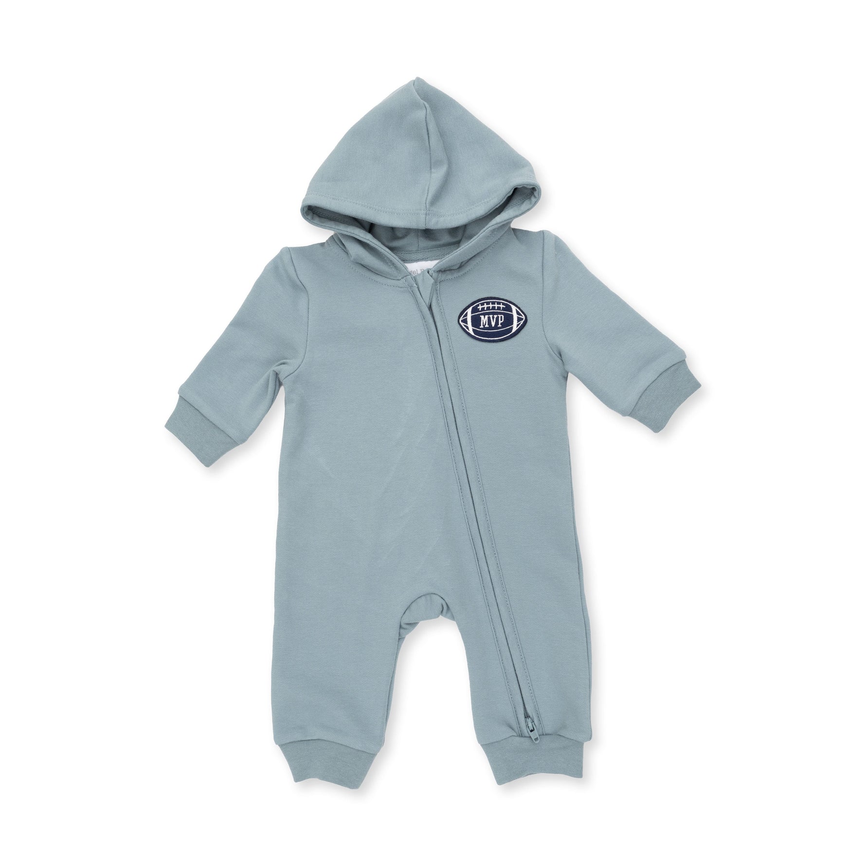 Hooded French terry jumpsuit with full zip, rib cuffs, and an embroidered MVP football applique on the front.