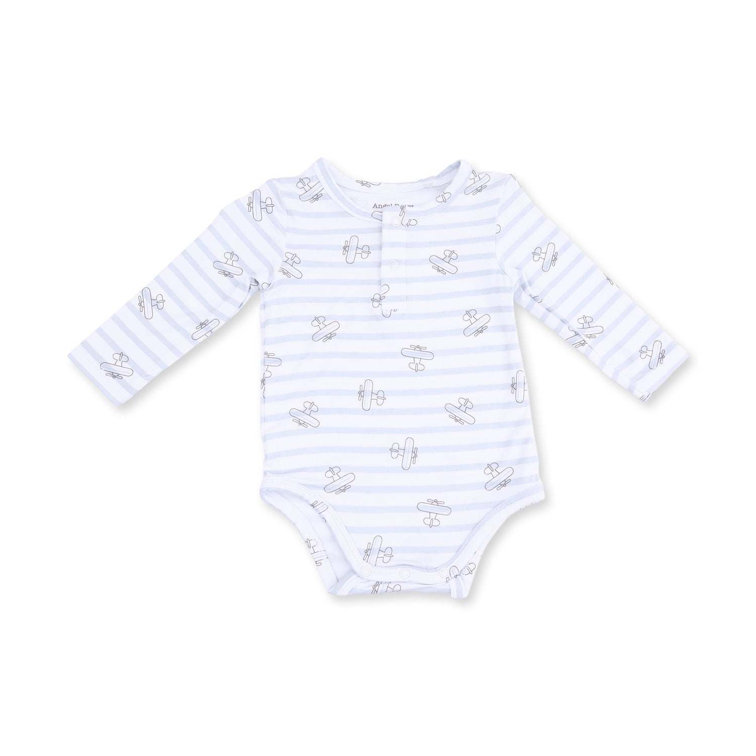 Long-sleeve henley bodysuit with an airplane stripe print and snap neckline