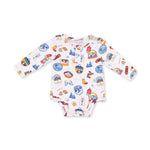 Long-sleeve henley bodysuit with vintage ski patch print, snap neckline, and snap bottom