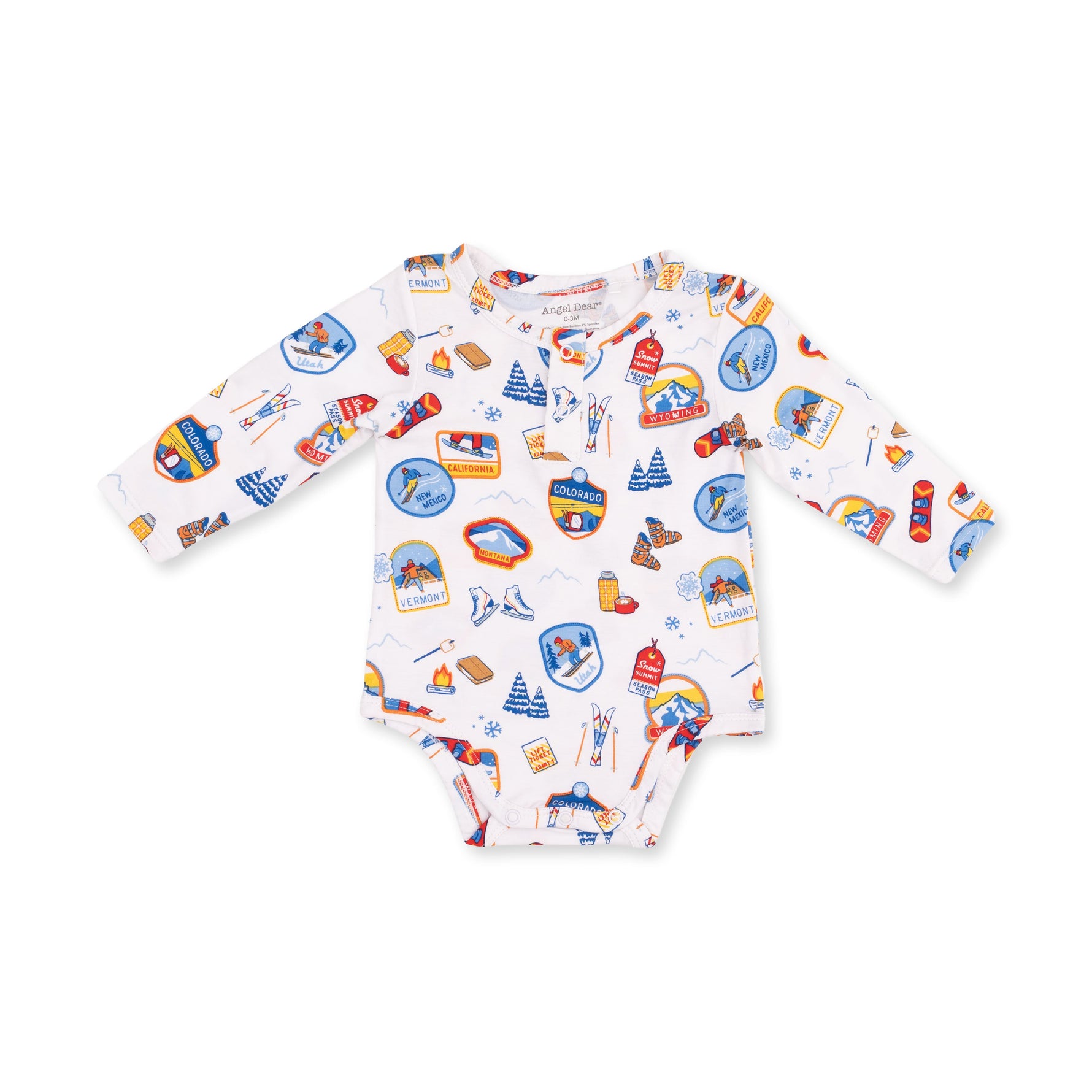 Long-sleeve henley bodysuit with vintage ski patch print, snap neckline, and snap bottom