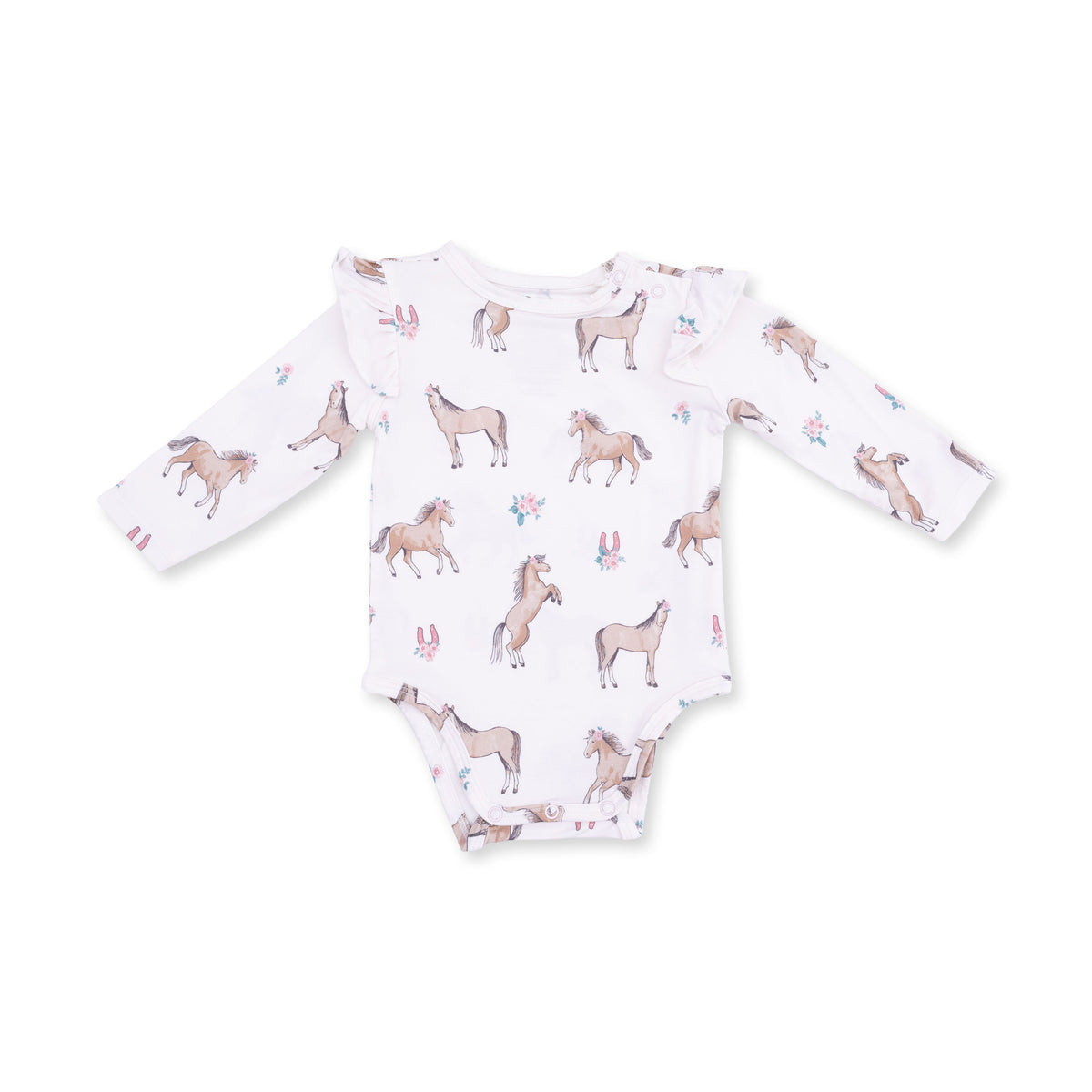 Baby bodysuit with horse print, ruffled short sleeves, snap shoulder opening and snap crotch