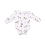 Baby bodysuit with horse print, ruffled short sleeves, snap shoulder opening and snap crotch